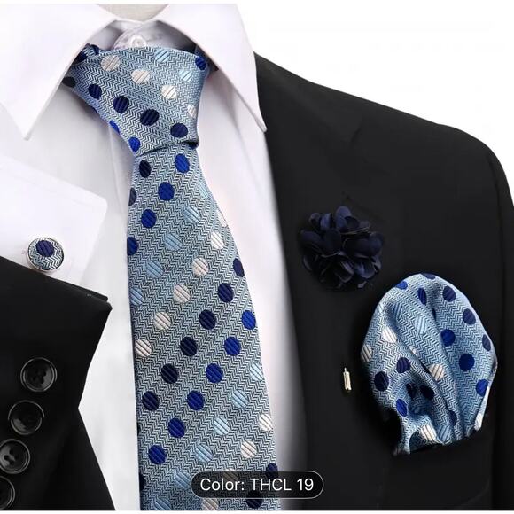 Men’s Silk Coordinated Tie Set - Light Blue with Polka Dots (pink, blue, black) - Picture 1 of 3